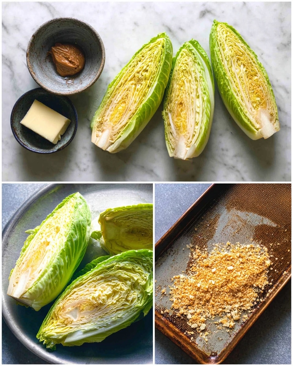 The first image shows four wedges of green cabbage with light yellow inner leaves arranged on a white marbled surface next to a small dark bowl containing a piece of butter and brown paste. The second image features the same four cabbage wedges roasted to a golden-brown color on the outside, placed on a baking tray with a dark brown textured surface. The third image shows small golden brown toasted crumbs spread in a grey pan with a shiny surface. photo taken with an iphone --ar 4:5 --v 7