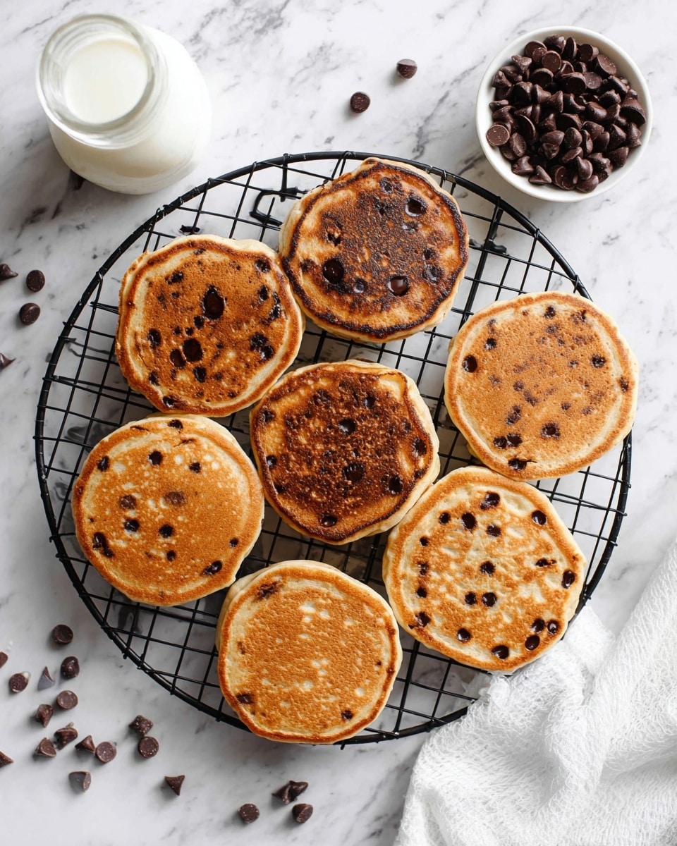 Seven round chocolate chip pancakes are placed on a black wire cooling rack on a white marbled surface. The pancakes have a light brown color with darker brown spots, and some pancakes show melted dark chocolate chips embedded on top. A small white bowl filled with dark chocolate chips sits near the top right corner, and a white cloth is partly visible in the bottom right corner. A clear glass bottle of milk is on the left side of the rack, with a few chocolate chips scattered around the surface. Photo taken with an iphone --ar 4:5 --v 7