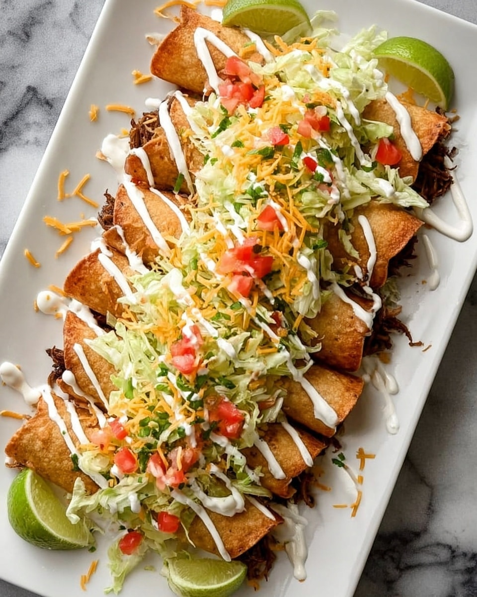 A white rectangular plate on a white marbled surface holds seven rolled, golden-brown crispy tortillas filled with dark brown shredded meat, layered closely side by side. On top of the tortillas is a generous layer of light green shredded lettuce, covering most of the length. Over the lettuce, there is a sprinkling of finely shredded orange cheese and small bits of red tomato evenly spread. Thin white lines of creamy sauce are drizzled diagonally across the whole plate, including some sauce droplets around the plate edges. Two lime wedges with pale green skin and light green flesh are placed at opposite corners of the plate. Photo taken with an iphone --ar 4:5 --v 7
