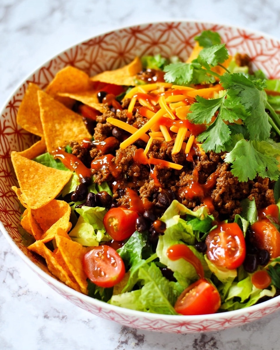 The image shows a bowl of taco salad with several layers. The bottom layer has chopped green lettuce with a fresh texture. On top, there are bright orange triangular tortilla chips scattered around. Cherry tomato halves are spread evenly, adding red pops of color. Next, crumbled cooked ground meat mixed with black beans creates a dark brown and black layer. Thin sticks of orange cheddar cheese are placed on top of the meat. A glossy red sauce is drizzled over the meat and cheese, adding shine. A small bunch of fresh cilantro leaves is placed on one side of the bowl. The bowl is white with red geometric patterns, and it sits on a white marbled surface. Photo taken with an iphone --ar 4:5 --v 7