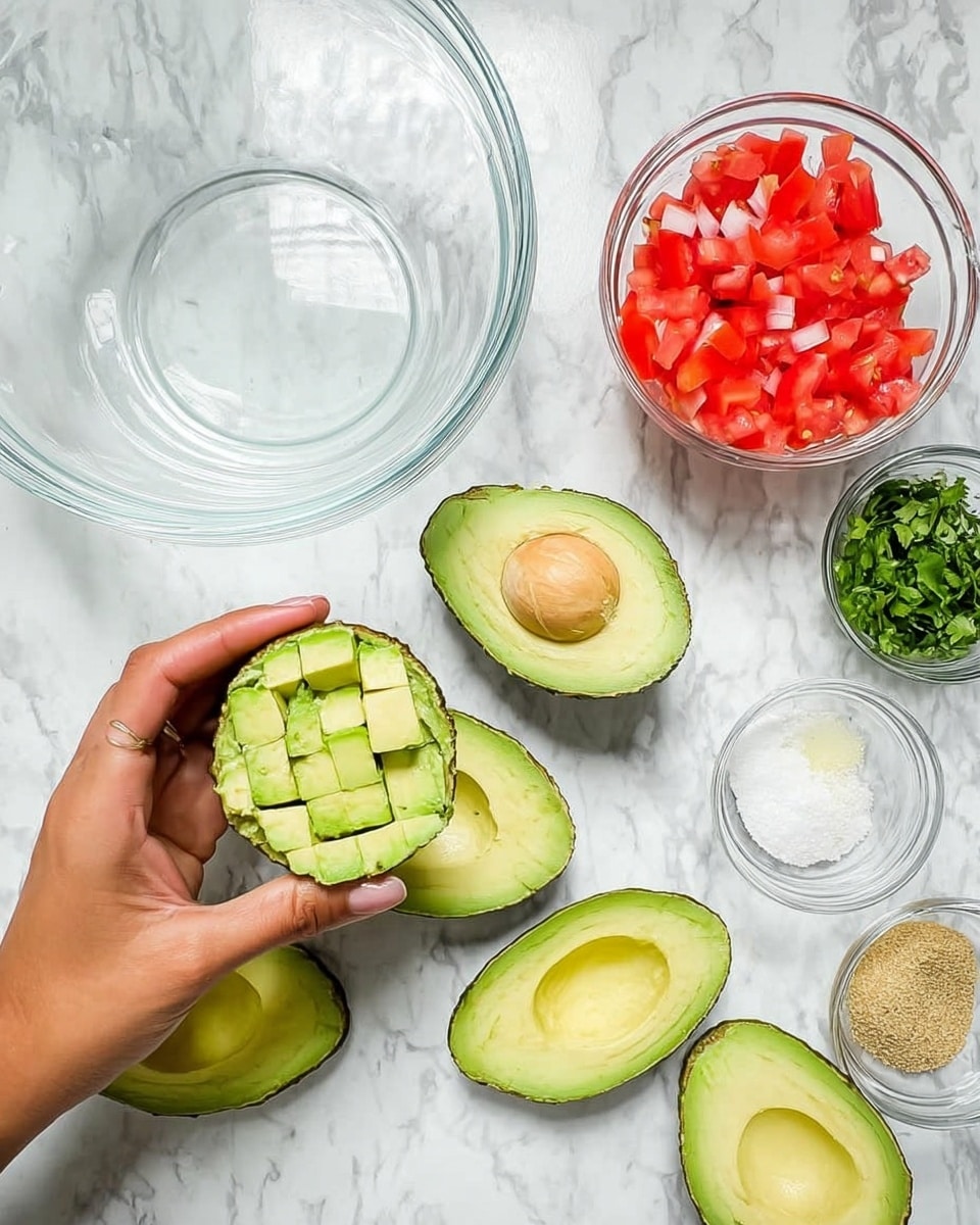 A woman's hand holds one half of a green avocado with the inside cut into small square pieces. Around the hand, there are five other avocado halves with smooth green flesh and empty pits. To the right side of the image, there are small clear glass bowls containing diced red tomatoes, chopped white onions, green herbs, a beige powder, salt, and black pepper. On the left side of the image, a large empty clear glass bowl is placed on a white marbled surface. photo taken with an iphone --ar 4:5 --v 7