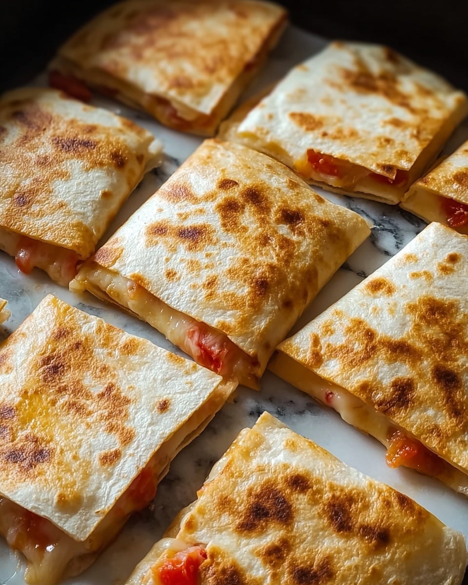 The image shows six square pieces of quesadilla arranged on a dark board placed on a white marbled surface. Each quesadilla piece has two layers of golden brown, slightly crisp tortilla with a visible melted cheese layer and tender cooked chicken inside. The tops of the tortillas have light browning spots and small green herb bits sprinkled on them. The melted cheese is a creamy orange with some red bits, and the chicken looks juicy and white, peeking out from the sides. The focus is close up on the front pieces, with the background softly blurred. photo taken with an iphone --ar 4:5 --v 7