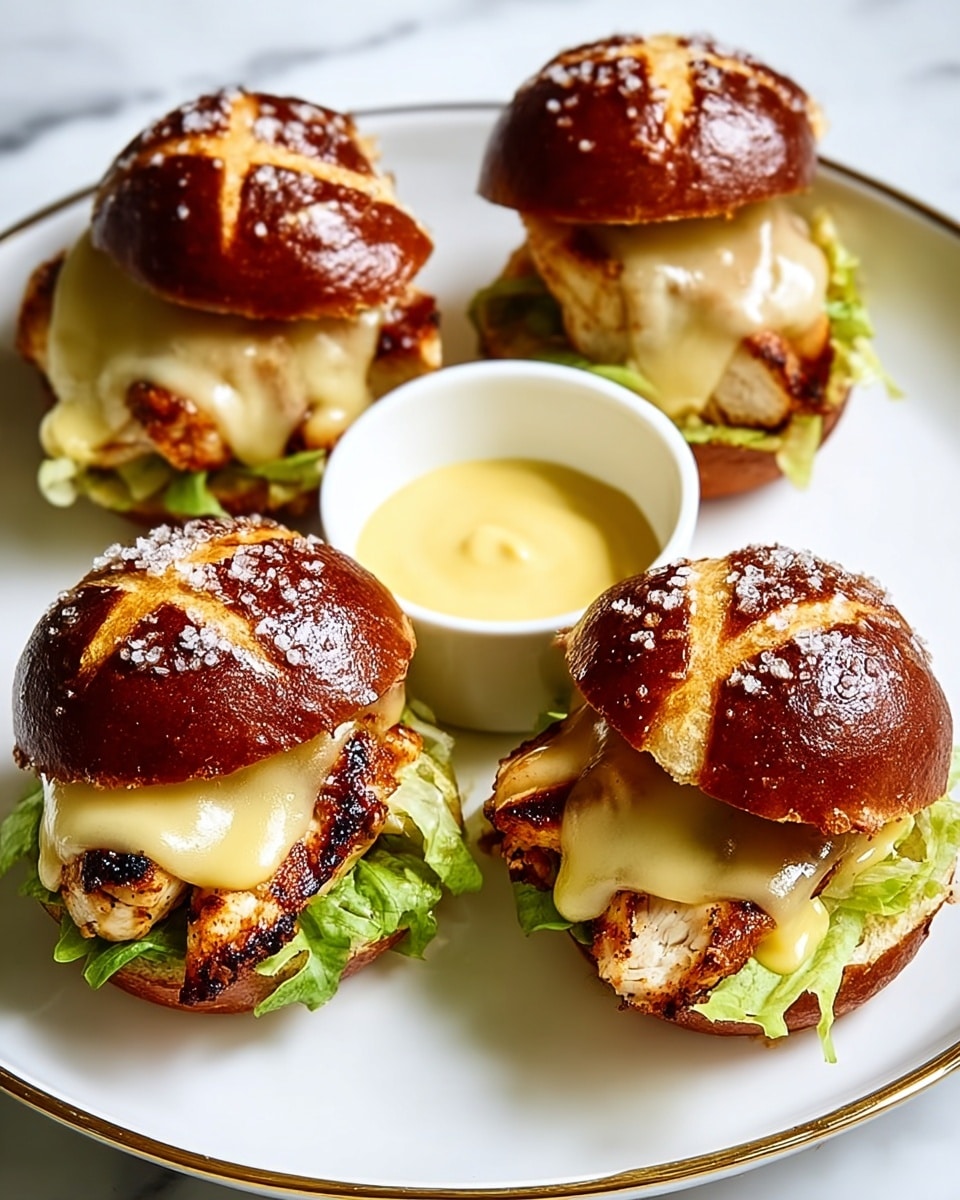 The image shows four small sandwiches on a white plate with a thin gold rim, placed on a white marbled surface. Each sandwich has three layers: a shiny dark brown pretzel bun on top sprinkled with coarse salt, a middle layer of melted pale yellow cheese dripping slightly, and a bottom layer with a piece of grilled, lightly charred chicken over fresh green lettuce on the soft inside of the bun. At the top center of the plate, there's a small white bowl filled with smooth yellow sauce. The scene is bright and clear, showing the textures and colors well. photo taken with an iphone --ar 4:5 --v 7