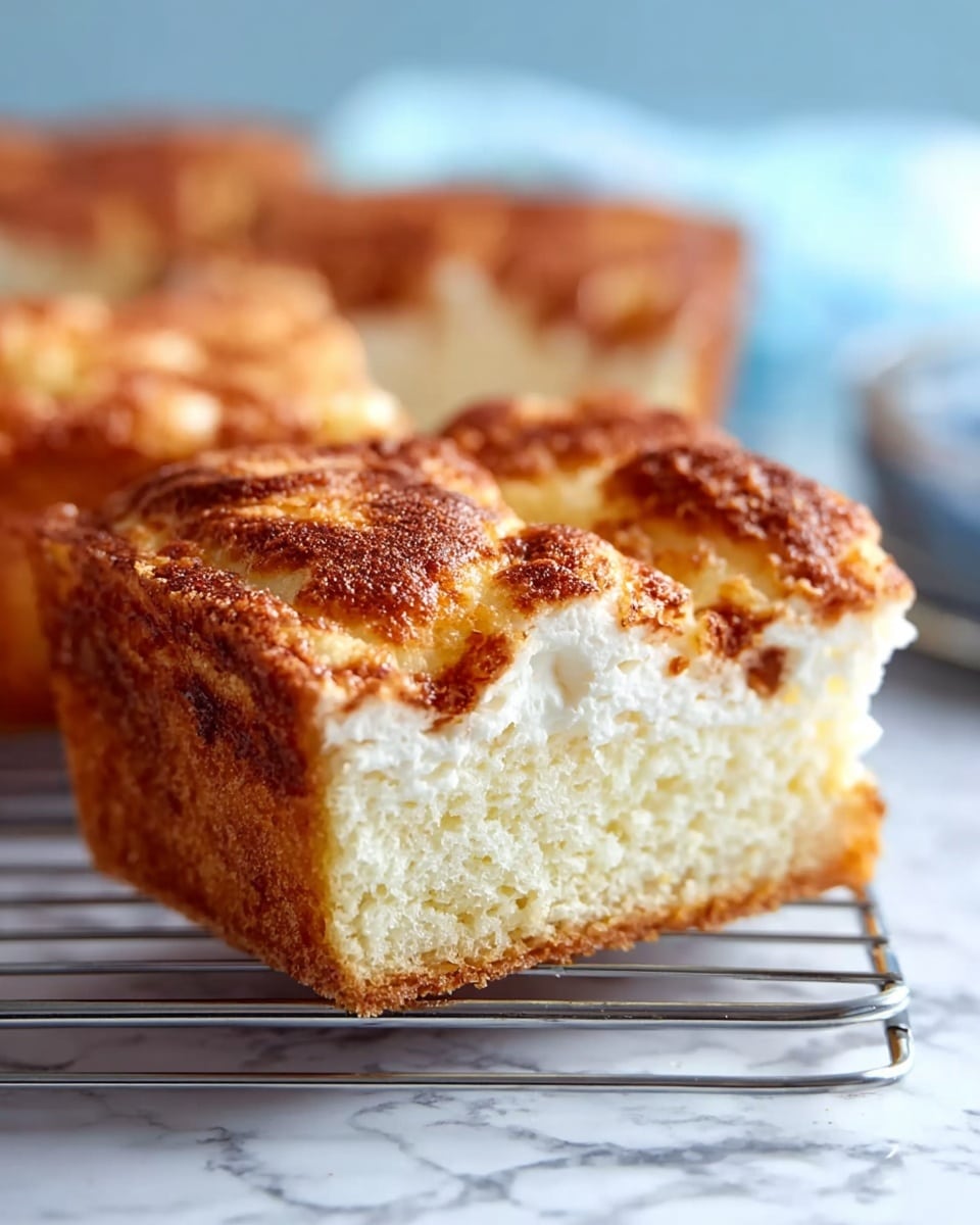 This image shows a close-up of a square-shaped cake resting on a metal cooling rack over a white marbled surface. The cake has two visible layers: a bottom layer that is golden brown with a soft, sponge-like texture, and a top layer that is creamy white and slightly crumbly with a baked, golden-brown crust that looks a bit crunchy. Parts of the top layer have darker brown spots, giving the cake a textured look. The background is softly blurred with hints of light blue and white colors, putting the focus on the cake in the front. photo taken with an iphone --ar 4:5 --v 7