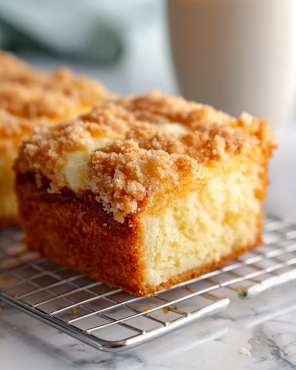 The image shows a close-up of a small square cake resting on a metal cooling rack over a white marbled surface. The cake has two main layers: the bottom layer is golden brown and soft with a slightly spongy texture, while the top layer is lighter yellow with a crumbly texture and is topped with scattered golden brown crumbs giving it a crunchy look. The light shines softly on the crumb topping, highlighting its texture and making the cake look fresh and inviting. In the background, there is a blurred white cup. Photo taken with an iphone --ar 4:5 --v 7