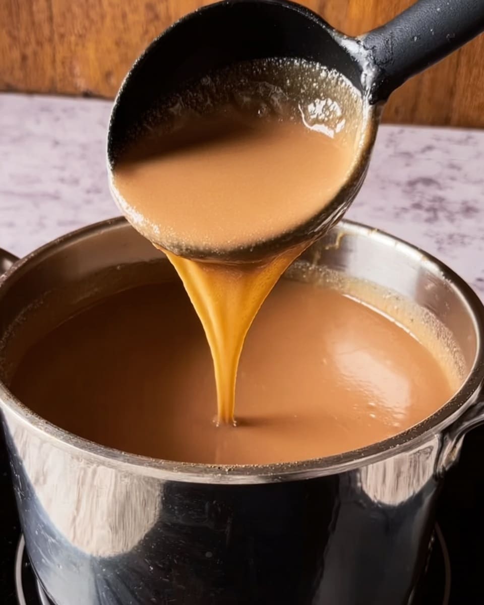 The image shows a shiny stainless steel pot filled with a smooth, light brown liquid. A black ladle is lifting a thick, creamy, light brown soup or sauce from the pot, with some of the liquid dripping back into the pot. The pot is set on a stovetop, and the background has a wooden texture. The liquid inside looks warm and well-blended, with a slightly glossy surface. The photo is taken with a white marbled texture underneath. Photo taken with an iphone --ar 4:5 --v 7