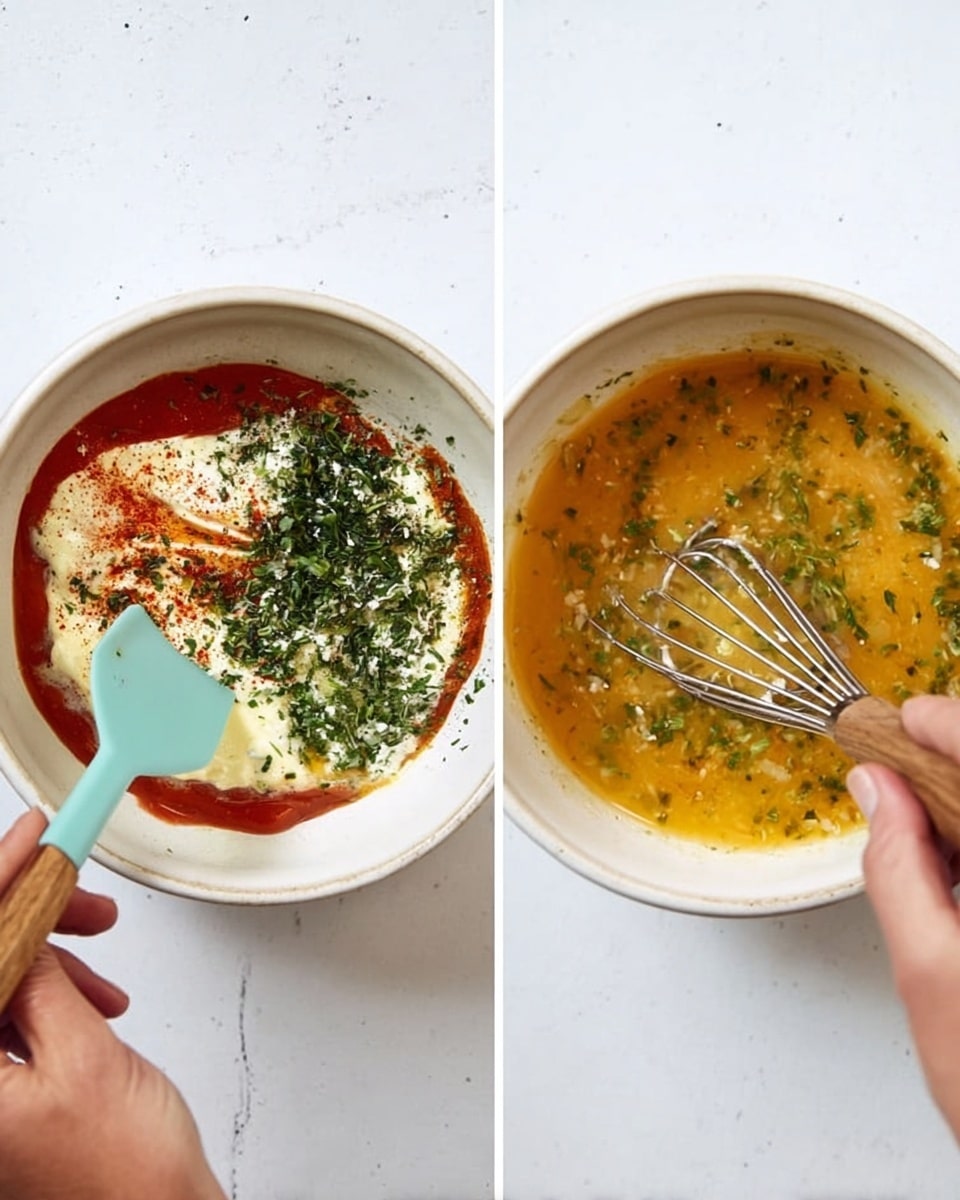 The image shows two side-by-side photos on a white marbled surface. On the left side, there is a white bowl filled with several layers of ingredients: a red sauce layer at the bottom, topped with thick cream or mayonnaise, sprinkled with chopped green herbs, and some reddish seasoning on one side. A woman's hand holding a light blue silicone spatula is mixing the ingredients. On the right side, another white bowl contains a yellow-orange mixed liquid with visible flecks of green herbs. A woman's hand is whisking the mixture with a small metal whisk with a wooden handle. Photo taken with an iphone --ar 4:5 --v 7