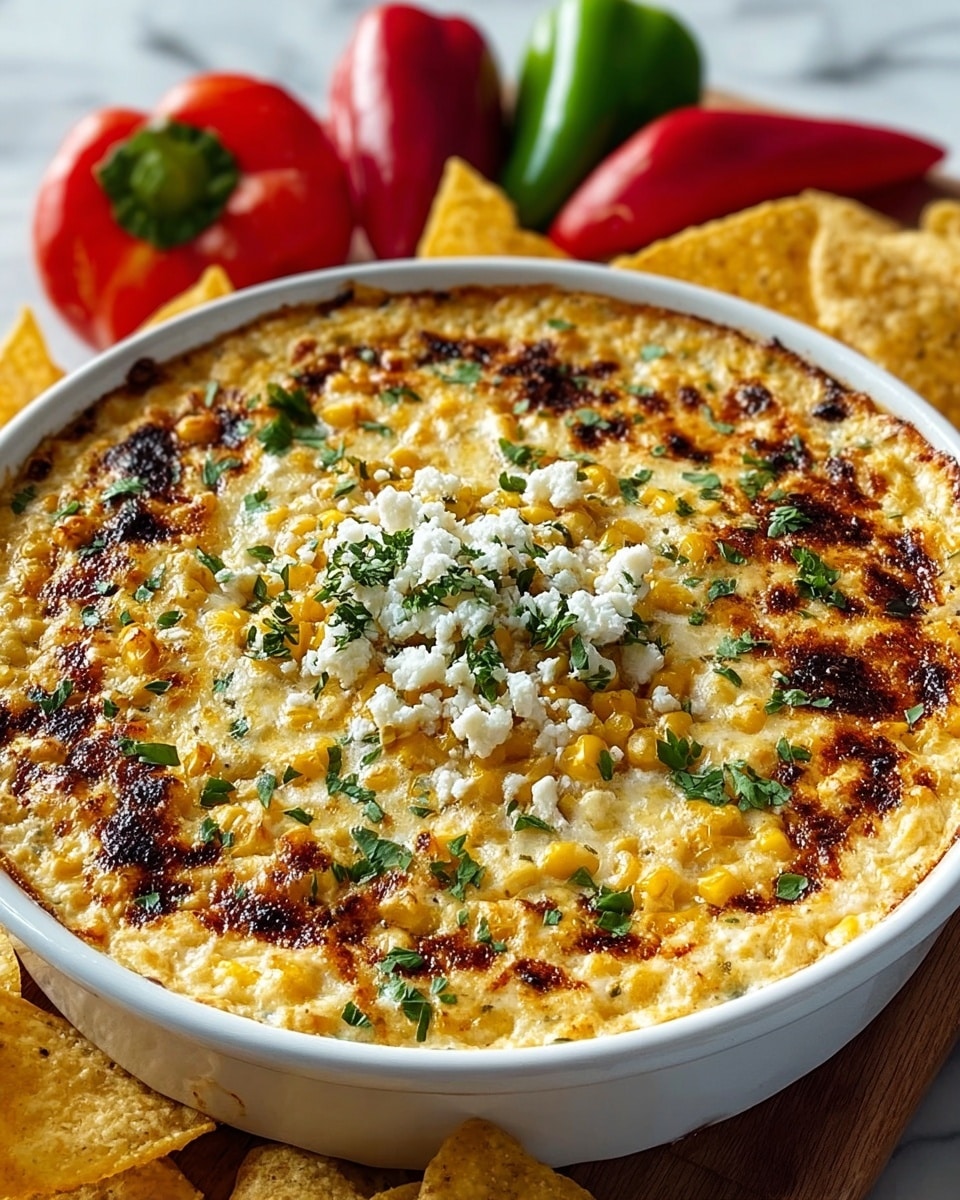 A white round dish filled with a creamy corn casserole with a golden-brown top showing some charred spots in dark brown. The casserole is thick, with visible yellow corn kernels mixed in, and is sprinkled with bright green chopped herbs and crumbled white cheese in the center. The dish is surrounded by light yellow tortilla chips, and in the blurry background, there are red and green bell peppers on a white marbled surface. Photo taken with an iphone --ar 4:5 --v 7