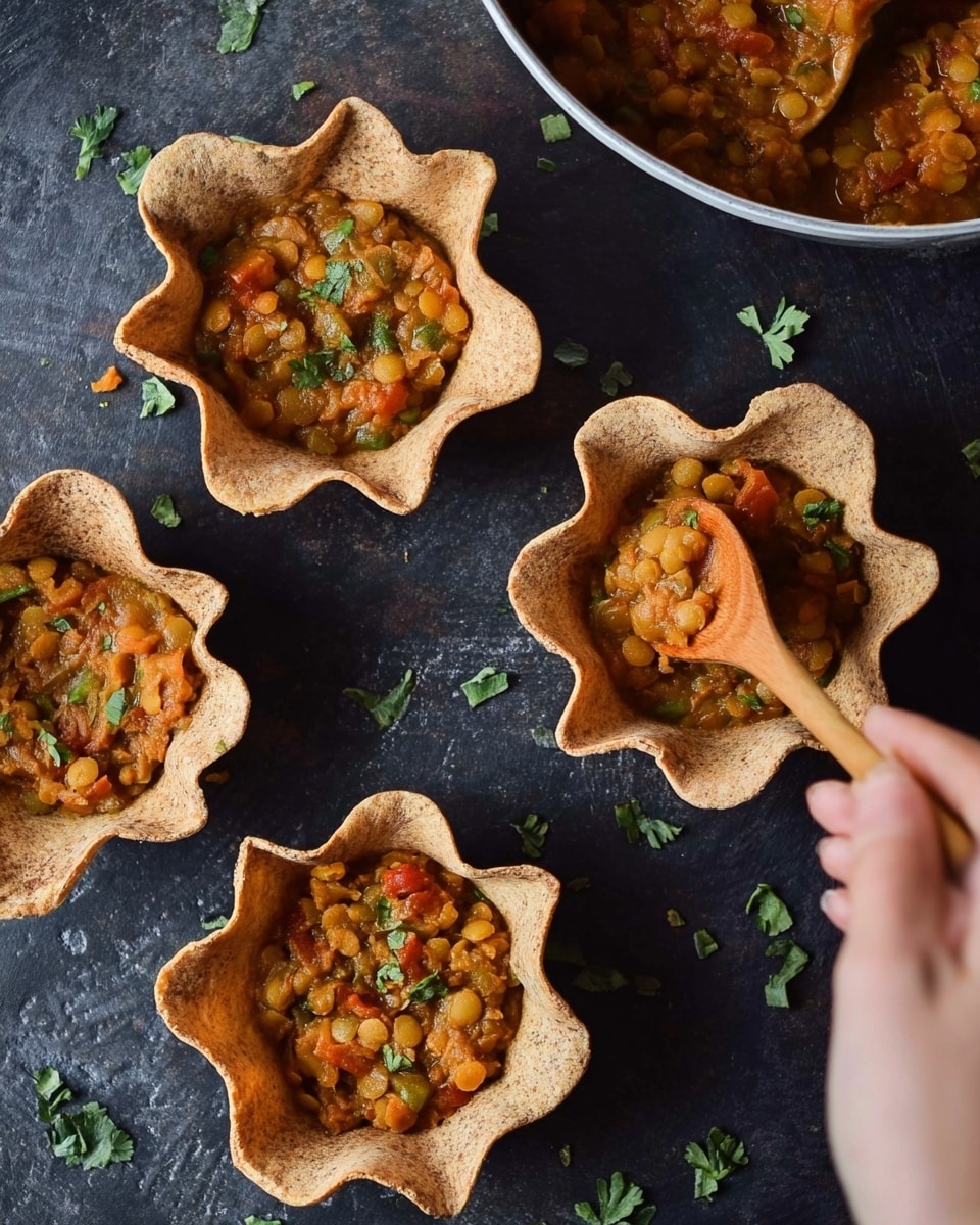 The image shows four empty, round tortilla shells shaped like small bowls with ruffled edges, placed on a dark textured surface with scattered green herbs. A woman's hand is holding a wooden spoon, scooping a thick, orange-brown lentil and vegetable stew from a white pan into one of the tortilla bowls on the right side. The lentil stew looks chunky with visible pieces of lentils and tomato bits. The scene is close-up, showing the rough texture of the tortilla shells and the softness of the stew, with some herbs scattered around for garnish. Photo taken with an iphone --ar 4:5 --v 7