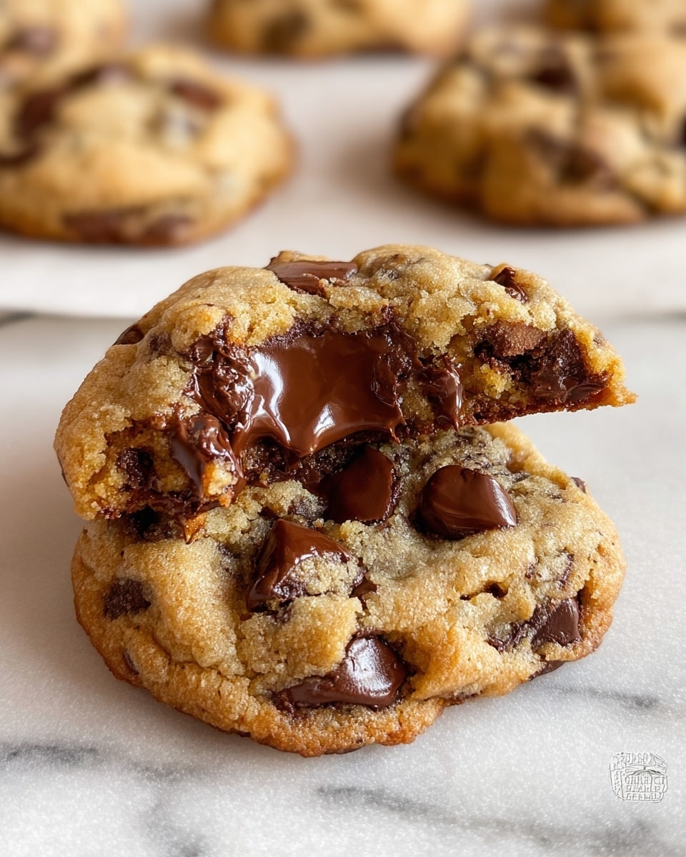 The image shows two close stacked chocolate chip cookies on a white marbled surface, with one cookie on top broken in half revealing a soft, gooey chocolate inside. The cookies have a golden brown color with melty dark chocolate chips embedded throughout, showing a slightly crisp edge and a soft, chewy texture in the middle. In the background are more cookies, slightly out of focus, resting on parchment paper, emphasizing the warm and fresh-baked look of the cookies. photo taken with an iphone --ar 4:5 --v 7