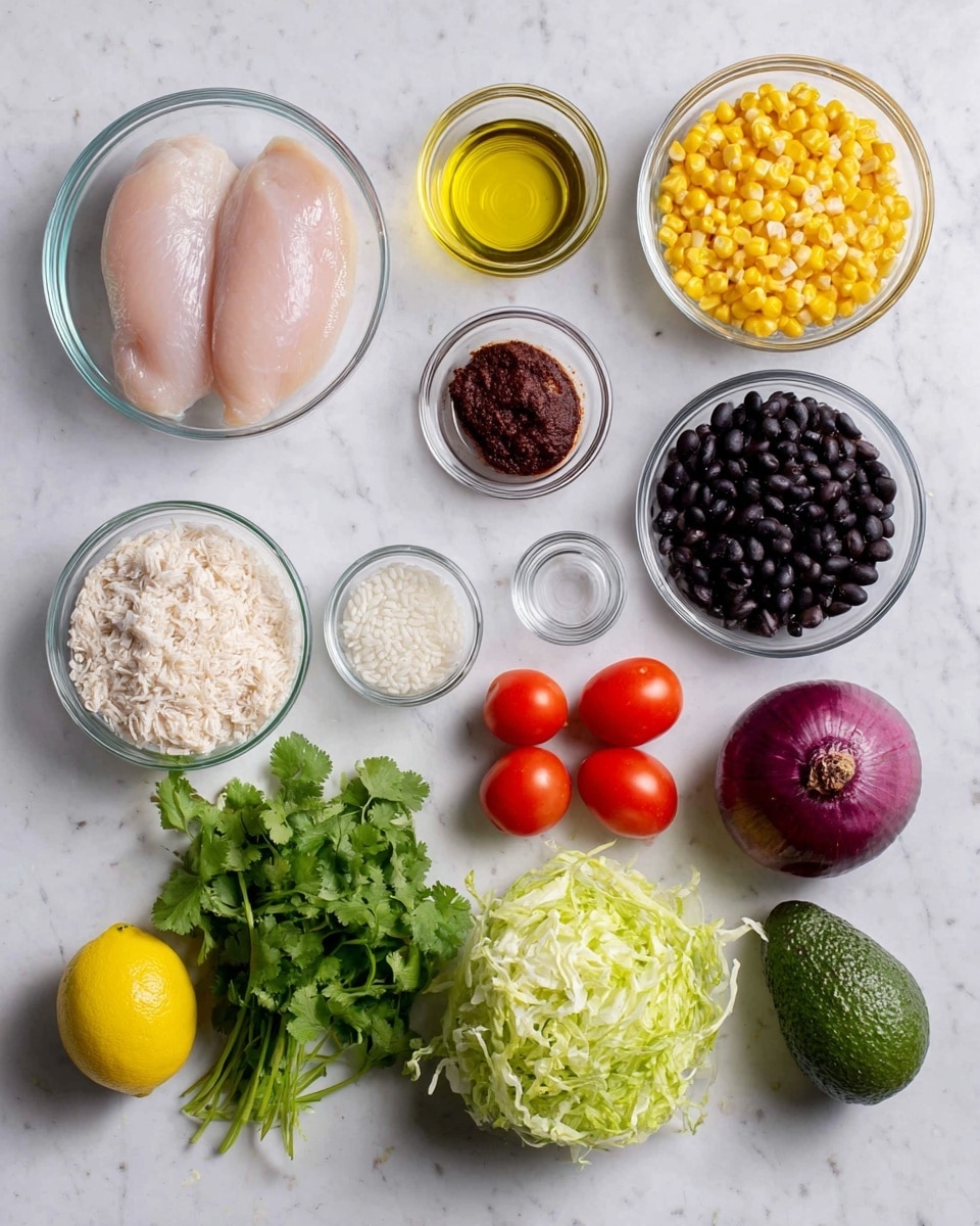 The image shows raw ingredients set neatly on a white marbled surface. In the top left, there is a clear bowl with two pieces of raw chicken layered smooth and pale pink. Below that, there is a small glass container holding golden olive oil. Next to it is a glass bowl with deep red-brown paste, and a tiny glass bowl with white powder, likely seasoning. To the right, a clear bowl holds black beans with shiny smooth surfaces, and above that, a glass bowl filled with bright yellow corn kernels. Below the beans, a glass bowl contains uncooked white rice grains. Fresh green cilantro bunch is placed centrally, and near the top right, three red tomatoes and one purple onion are laid out side by side. On the right bottom corner, a whole dark green avocado sits next to a larger glass bowl filled with shredded green lettuce, showing layered textures of leafy greens. Below, there are a yellow lemon and a green lime completing the arrangement. Photo taken with an iphone --ar 4:5 --v 7