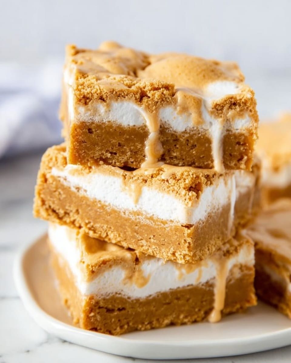 A square piece of dessert with two visible layers sits on a white plate with a silver fork beside it. The bottom layer is light brown, smooth, and dense, resembling a cookie or blondie base. The top layer is a white toasted marshmallow layer with a cracked, slightly golden-brown surface. In the background, there is a glass of milk and a wire rack holding more pieces of the dessert, all set on a white marbled surface. photo taken with an iphone --ar 4:5 --v 7