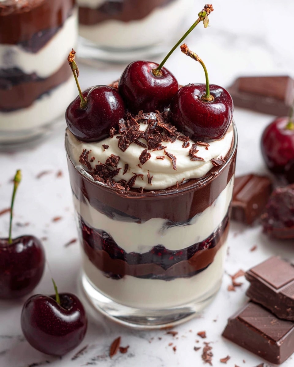The image shows a dessert in a clear glass cup with four visible layers: the bottom layer is white cream, followed by a dark chocolate layer, then another white cream layer mixed with dark cherry pieces, topped with a thick dark chocolate layer, and finished with a dollop of white cream. On top of the cream, there are three shiny dark red cherries with green stems, and small dark chocolate shavings are scattered over the cream and around the cup. The glass sits on a white marbled surface, and pieces of dark chocolate and more cherries are nearby. photo taken with an iphone --ar 4:5 --v 7