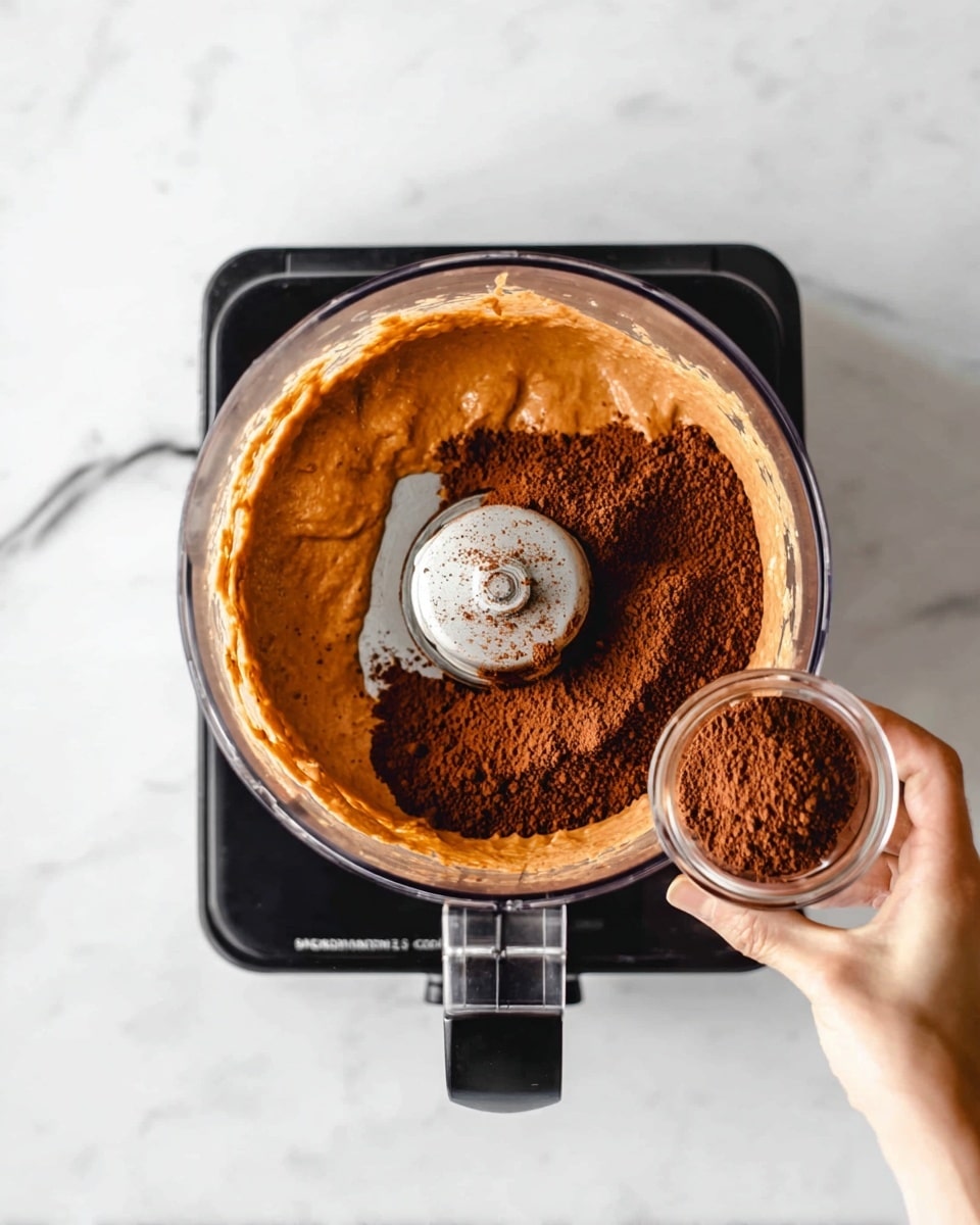 A top view of a food processor on a white marbled surface with a woman's hand holding a small clear container filled with cocoa powder above the machine. Inside the food processor, there is an orange-brown creamy mixture coating the sides and around the blade in the center, which has some cocoa powder already sprinkled on it. The black base of the food processor contrasts with the white marbled background, and the scene shows the moment before adding the cocoa powder into the mixture. photo taken with an iphone --ar 4:5 --v 7