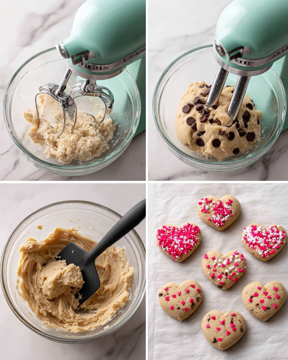 The image shows a four-step process of making chocolate chip cookies. The first layer is a light beige cookie dough in a clear glass mixing bowl with a mint green electric mixer with silver beaters blending the dough. The dough looks soft and slightly lumpy. The second layer shows the same mixing bowl and mixer but the dough looks thicker, smoother, and creamier with a richer beige tone. In the third layer, there is the cookie dough mixed with dark chocolate chips, which are scattered throughout the dough, and a black spatula resting in the bowl. The texture looks firm but soft. The last layer shows six round cookies on white baked paper on a white marbled surface. The cookies are golden brown with dark chocolate chips and decorated with tiny red, pink, and white heart-shaped sprinkles. One cookie is being shaped into a heart using a shiny metal heart cookie cutter. Photo taken with an iphone --ar 4:5 --v 7