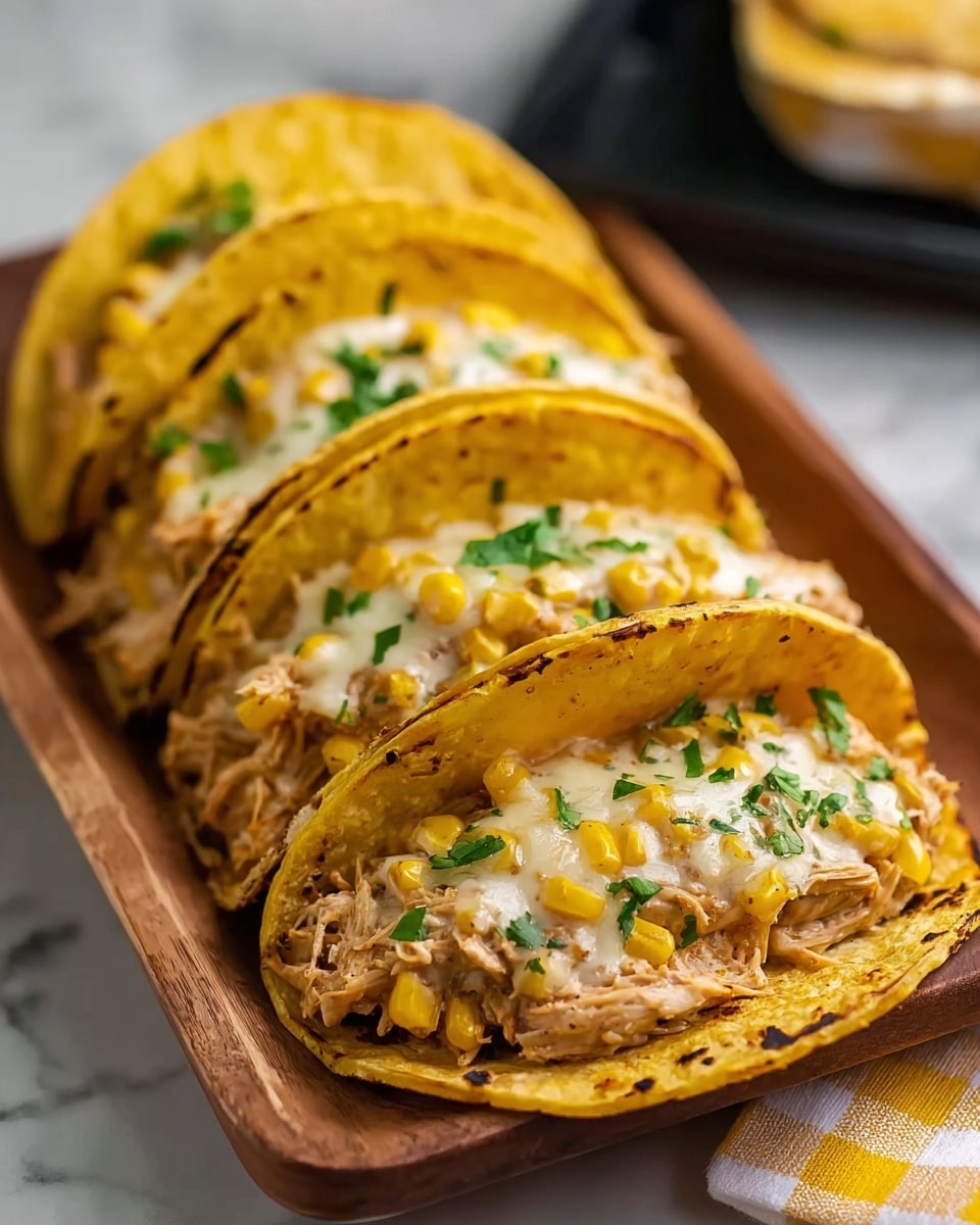 A row of four tacos arranged closely on a brown wooden tray placed on a white marbled surface. Each taco has one yellow, slightly charred, soft shell folded in half, holding a filling of shredded light brown chicken mixed with grilled yellow corn kernels and topped with melted white cheese and small green herb pieces for garnish. The tacos are well-stuffed, with the ingredients slightly overflowing from the shells, showing a creamy and textured filling. In the blurred background, part of a black tray and a yellow checkered cloth are visible. photo taken with an iphone --ar 4:5 --v 7