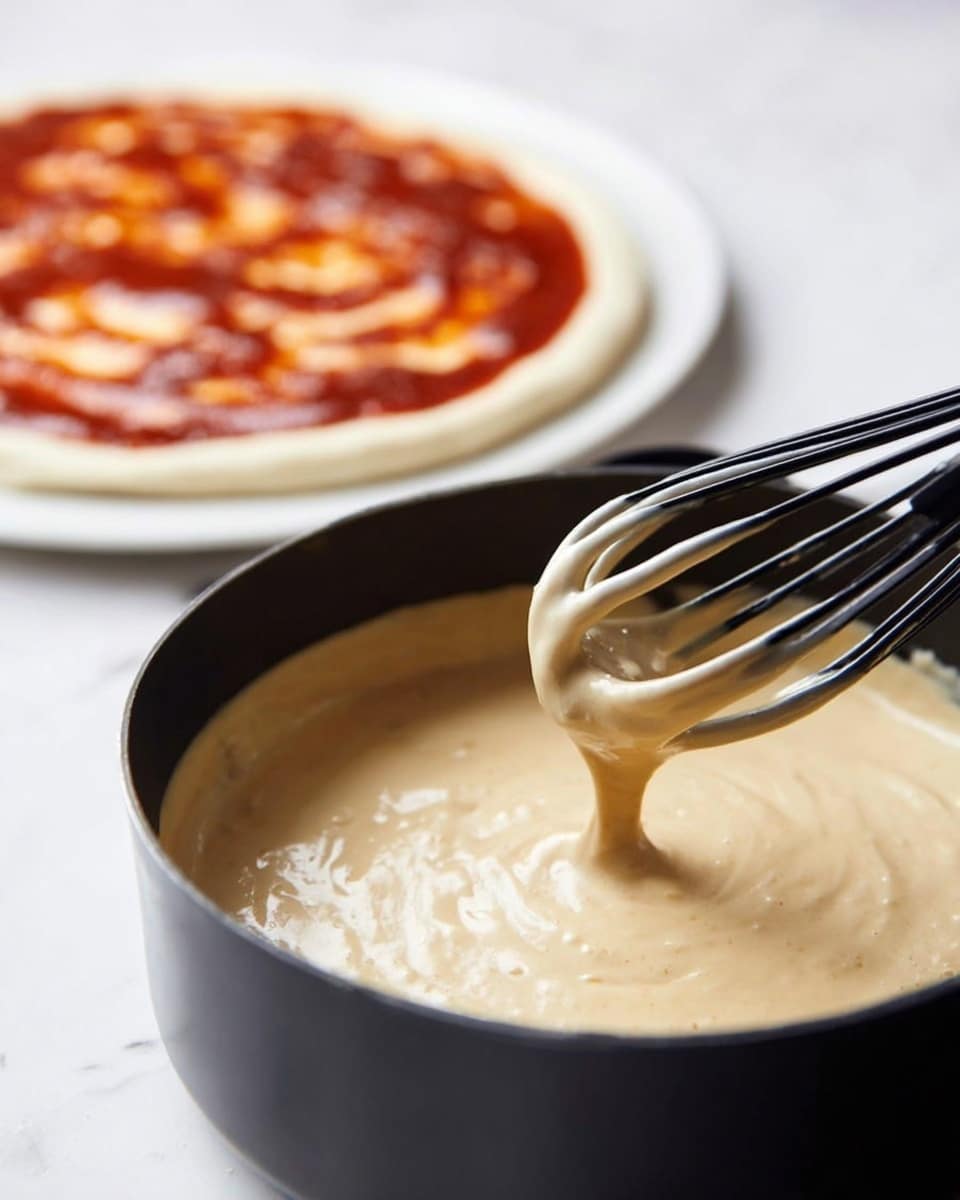 The image shows a close-up of a black pot with thick, creamy beige sauce being stirred by a black whisk. The sauce has a smooth, flowing texture as it drips from the whisk. In the background, on a white plate on a white marbled surface, there is a round pizza dough with a layer of rich red tomato sauce spread evenly on top. The photo is clear and bright, creating a fresh cooking vibe. Photo taken with an iphone --ar 4:5 --v 7