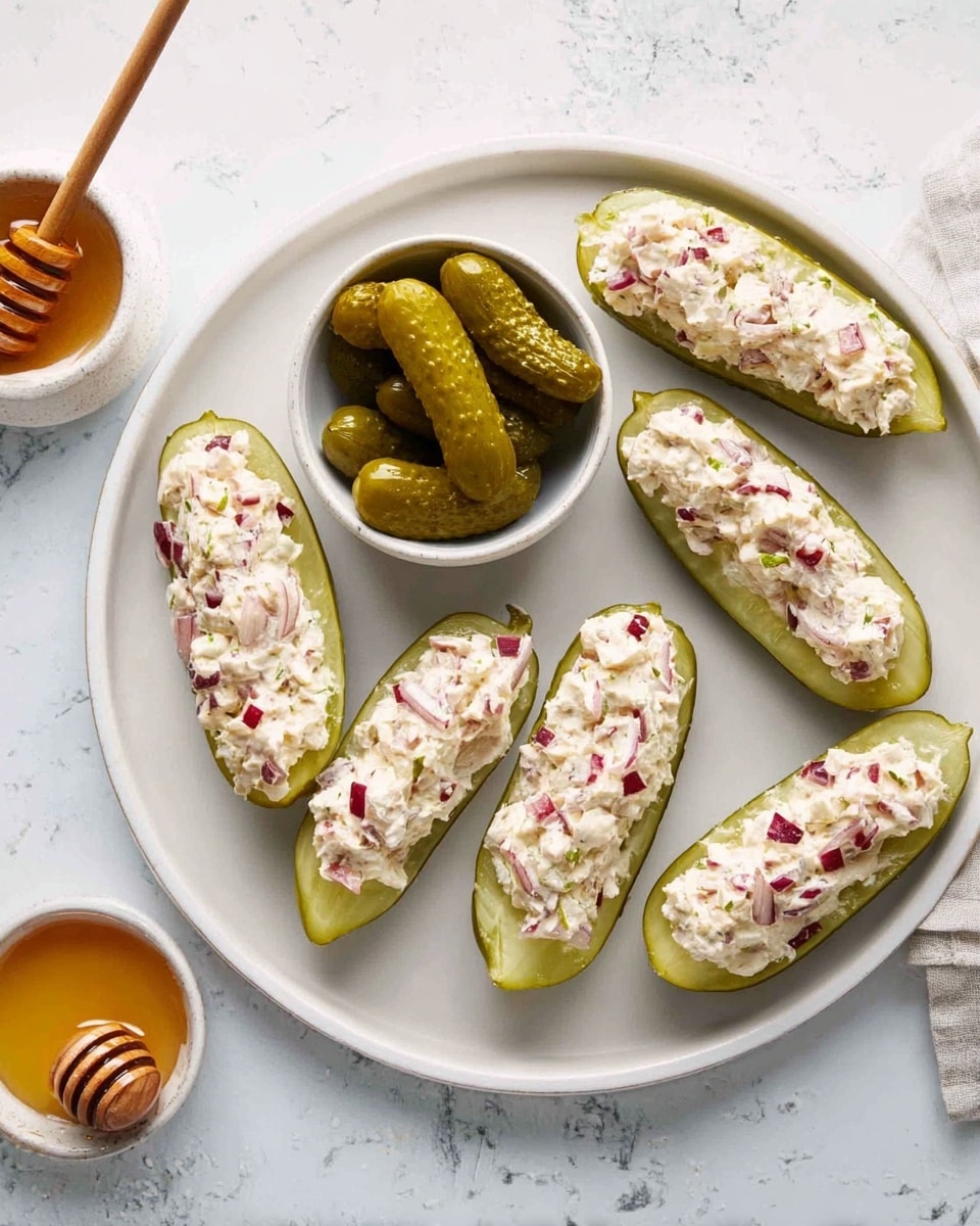 The image shows six pickle halves placed on a large white plate with a smooth surface. Each pickle half is filled with a creamy white mixture that has small pieces of red onion scattered throughout. In the center of the plate, there is a small white bowl holding several whole pickles. Nearby on the white marbled surface, a small white bowl contains a honey-like substance with a wooden honey dipper resting on its rim. The scene is bright and clean, with the textures of the pickles and creamy filling clearly visible. Photo taken with an iphone --ar 4:5 --v 7