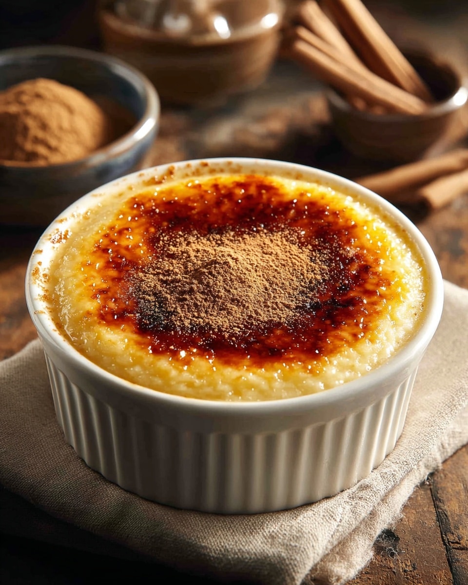A creamy dessert with a smooth, pale yellow base fills a white ribbed ceramic ramekin. The top layer is a rich, glossy caramelized crust with a dark amber color and slightly uneven texture. A light dusting of brown powder, likely cinnamon, covers the center. The ramekin sits on a soft beige cloth over a rustic wooden surface, with blurred small bowls and cinnamon sticks in the warm background. The lighting highlights the caramel shine and soft dessert texture. photo taken with an iphone --ar 4:5 --v 7