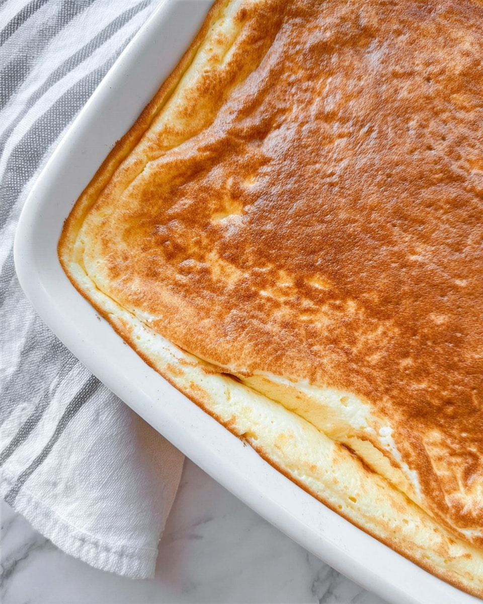 The image shows a close-up of a baked dish in a white rectangular ceramic baking dish. The top layer is a golden-brown toasted crust with a smooth, slightly uneven texture and some light and darker patches from browning. The edges of the crust are pressed against the sides of the dish and have a bit of cracking. A white and gray striped cloth is partially visible in the background on a white marbled surface. Photo taken with an iphone --ar 4:5 --v 7