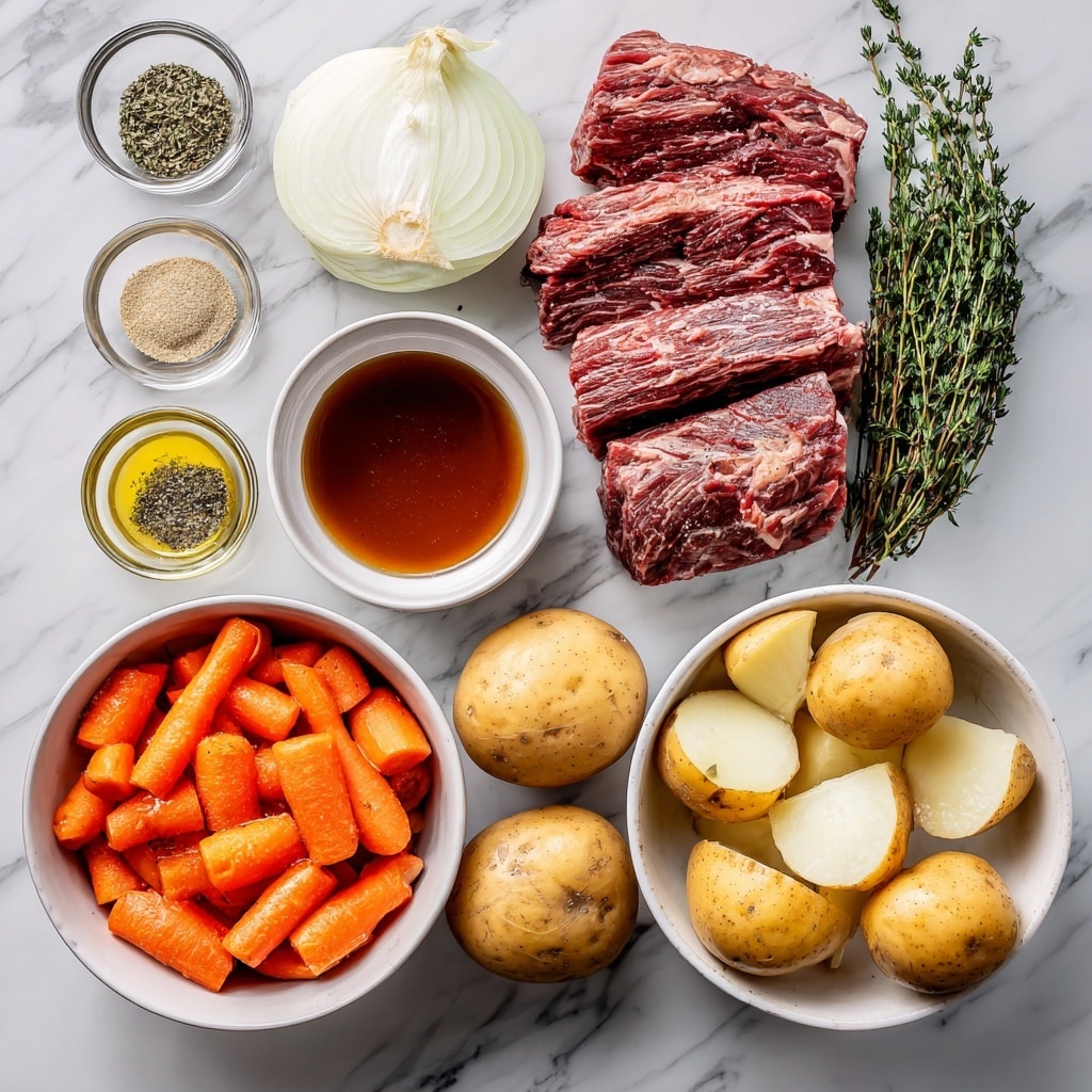 A white oval dish is filled with three main layers arranged close together: the center layer has brown shredded beef with a moist texture, sprinkled with small green herb bits; surrounding this, there are two layers of vegetables, one with golden-brown baby potatoes, and another with bright orange carrot chunks, both glistening with a light sauce and some green herb flecks. A grey and white striped cloth is under the dish, and a blurred white marbled texture is in the background. photo taken with an iphone --ar 4:5 --v 7