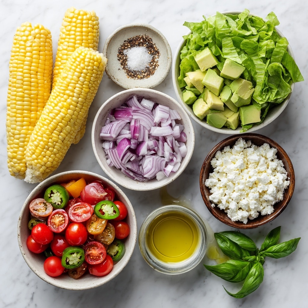 A wooden spoon lifts a colorful salad from a white bowl on a white marbled surface. The salad has fresh bright green lettuce leaves forming the base layer, topped with golden yellow grilled corn pieces showing light char marks, juicy red cherry tomatoes sliced in halves, and creamy light green avocado chunks. Crumbled white cheese is scattered on top, adding texture and contrast. The background includes blurred whole limes and a jalapeno pepper, giving a fresh feel. The overall look is fresh, vibrant, and appetizing with different textures and colors mixed evenly. photo taken with an iphone --ar 4:5 --v 7