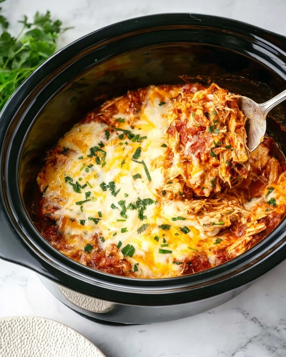 A black slow cooker filled with a layered dish featuring melted golden and white cheese on top, sprinkled with small green herb pieces. Underneath the cheese is a rich, chunky red sauce visible around the edges, mixed with shredded light brown meat. A silver spoon scoops some of the cheesy, saucy mixture from the right side of the cooker. The cooker sits on a white marbled surface with some green herbs on the left side and a white plate with textured edges below it. Photo taken with an iphone --ar 4:5 --v 7