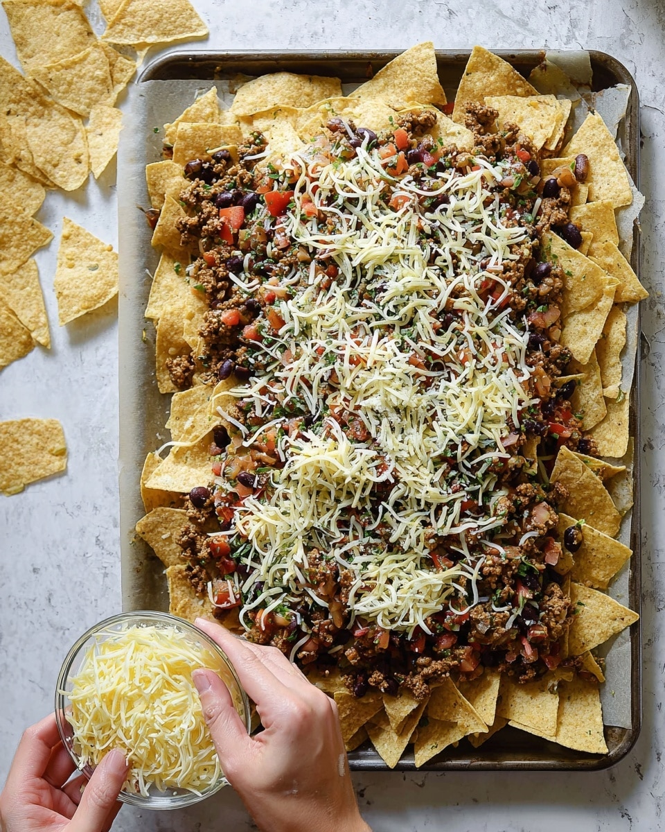 A large baking tray lined with parchment paper holds a layered nachos dish. The first layer consists of many pale yellow tortilla chips scattered across the tray. On top of the chips is a layer of cooked ground meat mixed with black beans, diced tomatoes, and green herbs, creating a textured mix of brown, black, red, and green colors spread evenly. The top layer is a generous sprinkle of shredded white and yellow cheese covering the meat mixture. Two woman's hands are visible at the bottom of the image; one holds a small clear bowl filled with shredded cheese, while the other is placing some of the cheese onto the nachos. The whole scene is set on a white marbled surface with a few tortilla chips scattered on it. Photo taken with an iphone --ar 4:5 --v 7