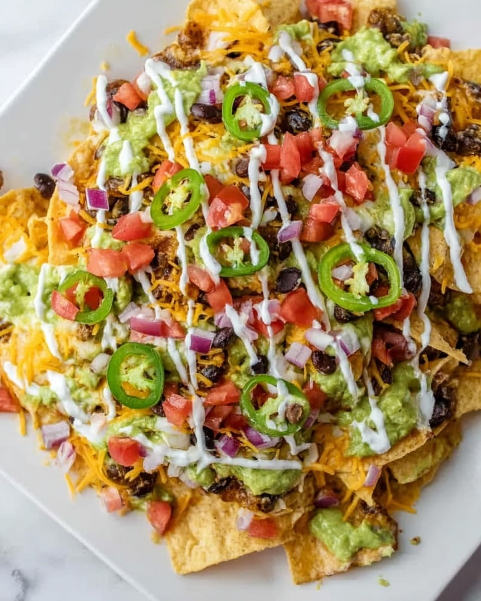 A white plate is filled with layered tortilla chips topped with melted orange and white shredded cheese. The chips are scattered with chopped red tomatoes, black beans, finely chopped red onions, and sliced green jalapeños. There are even lines of white sauce and green guacamole sauce drizzled evenly over the whole dish, adding smooth textures over the rough chips. The dish sits on a white marbled surface. photo taken with an iphone --ar 4:5 --v 7