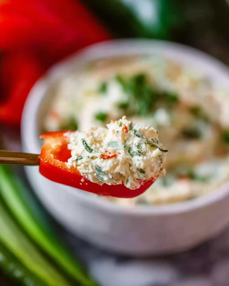 A close-up look at a red bell pepper slice holding a scoop of creamy white cheese dip with visible green herb pieces and small red bits, showing a soft and thick texture. In the background, blurred, there is a white bowl filled with the same cheese dip garnished with chopped green herbs sitting on a white marbled surface with some green vegetables partially visible. photo taken with an iphone --ar 4:5 --v 7