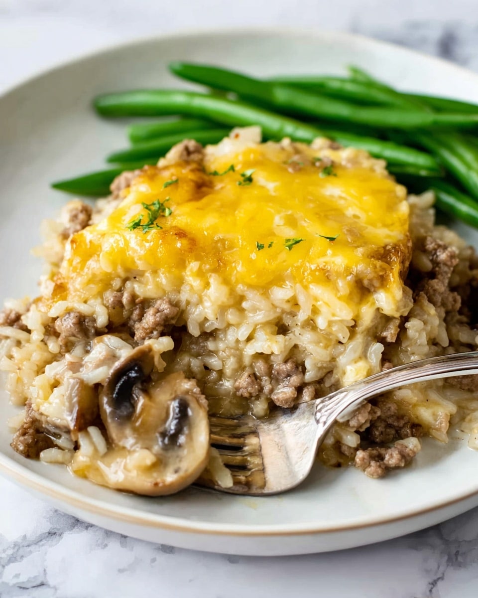A white plate on a white marbled surface holds a layered dish with three main parts. The bottom layer consists of mixed creamy rice with pieces of ground meat and sliced mushrooms, showing a soft texture in beige and light brown tones. On top, there is a melted yellow cheese layer, slightly browned with a shiny and smooth finish that covers part of the rice mixture. To the top side of the plate, there are several bright green beans with a fresh, firm look. A silver fork is placed partially in the rice and meat mixture, showing the texture closely. Photo taken with an iphone --ar 4:5 --v 7