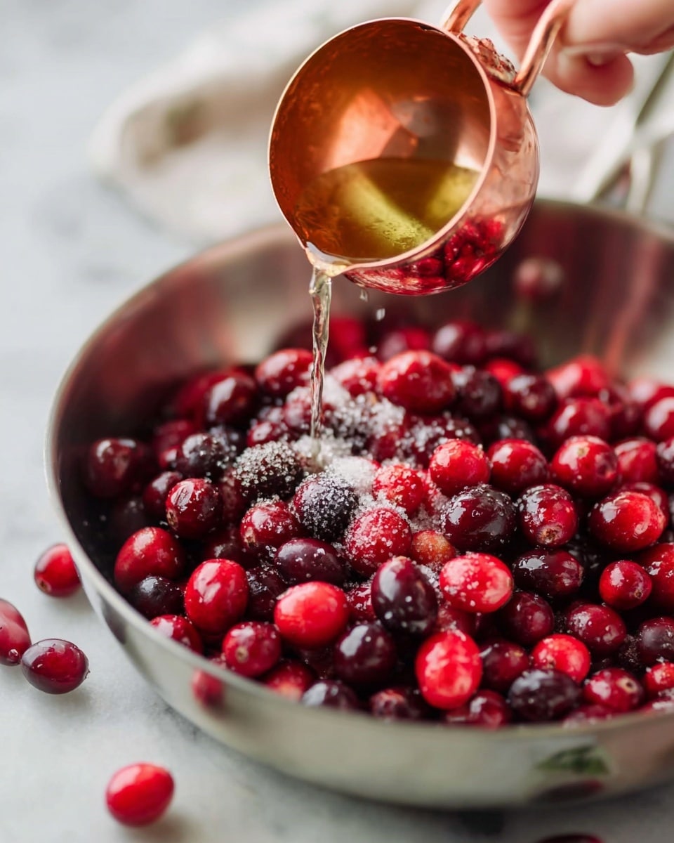 A close-up image shows a silver pan filled with bright red and dark red cranberries, some sprinkled with white sugar. A woman's hand is holding a small copper measuring cup that is pouring a golden liquid over the cranberries. The background is a white marbled surface with some scattered cranberries around the pan. photo taken with an iphone --ar 4:5 --v 7