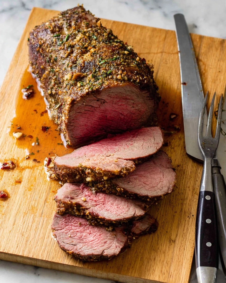 A piece of cooked roast beef sits on a wooden board with several thick slices fanned out on the top left side. The roast has a dark brown, herb and garlic crust on the outside and a pink, juicy inside showing through the slices. The meat juices create a small pool around the roast with bits of herbs and garlic scattered nearby. To the right of the roast, there is a silver carving fork and knife with black handles resting on the board. The whole scene is set on a white marbled texture. photo taken with an iphone --ar 4:5 --v 7