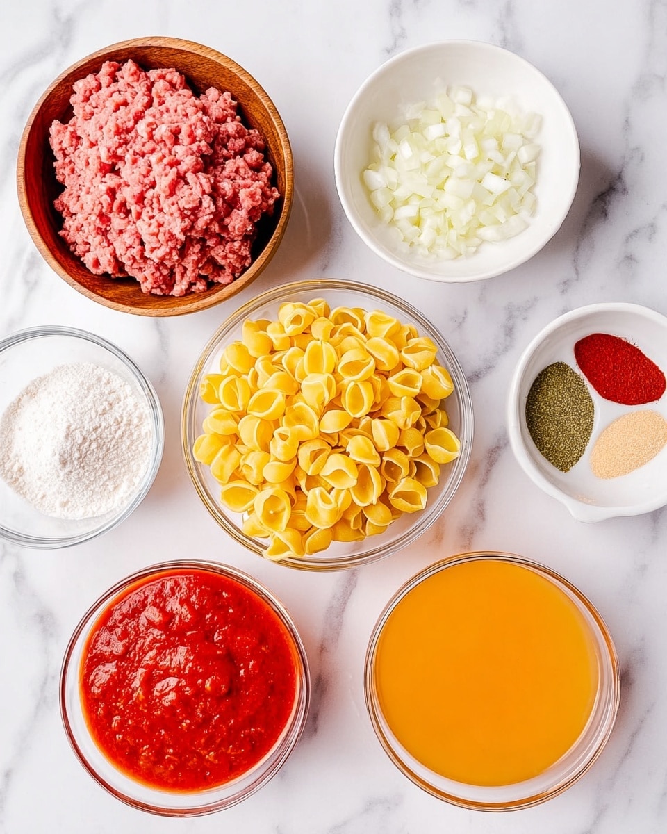 The image shows a top view of various cooking ingredients arranged neatly on a white marbled surface. In the center, a clear glass bowl holds yellow dry pasta shells. Surrounding it are six other bowls: a wooden bowl filled with pink ground meat at the top left, a white bowl with chopped white onions at the top right, a small white bowl with three spices in separate sections (green, red, and beige) above the pasta, a small clear bowl with white powder to the left, a wide clear bowl with bright red tomato sauce below the powder, a wooden bowl with minced garlic near the bottom center, and a white bowl with orange liquid broth at the right. All bowls are placed in a circular pattern giving a clear view of the ingredients. photo taken with an iphone --ar 4:5 --v 7