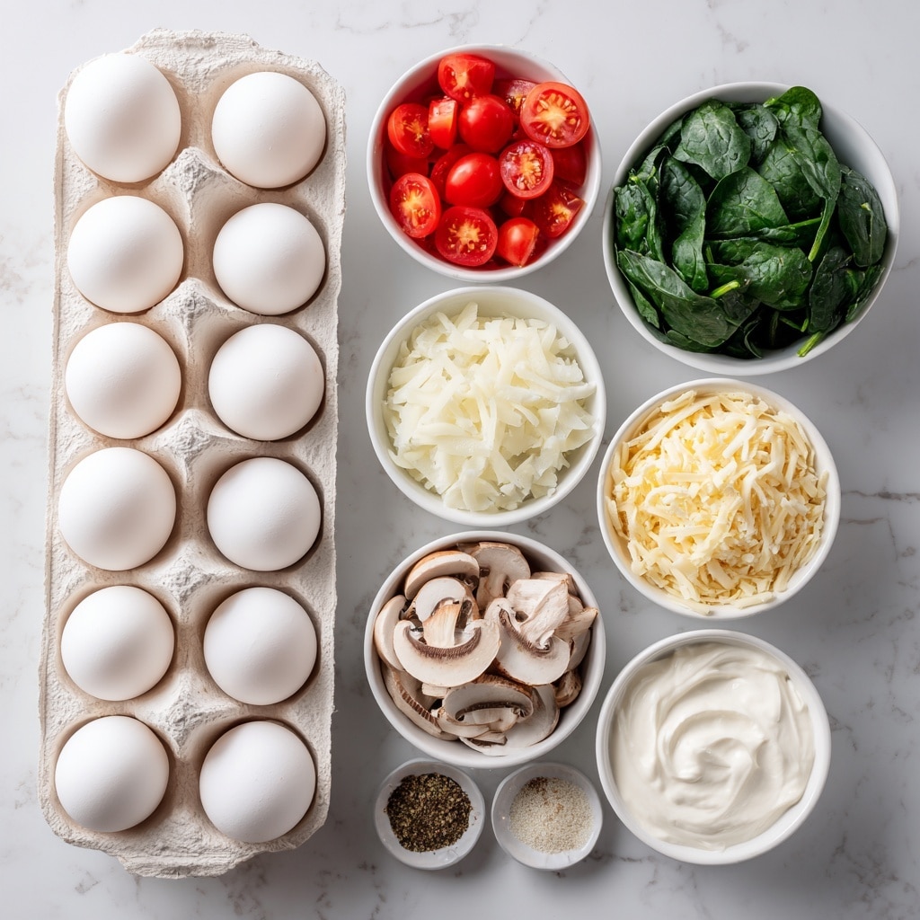 The image shows a white carton with eight white eggs arranged in two vertical rows on the left side. To the right, there are seven small white bowls placed in a vertical column on a white marbled surface. From top to bottom, the bowls contain bright red grape tomatoes cut in halves, white chopped onions with a soft texture, fresh dark green spinach leaves, light beige shredded mozzarella cheese, a few slices of pale brown mushrooms, a mix of seasonings including salt, pepper, ground mustard, and garlic powder in small heaps, and plain white heavy cream. All ingredients are neatly placed and clearly visible. Photo taken with an iphone --ar 4:5 --v 7