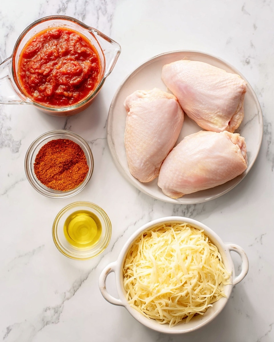 Two raw chicken pieces with smooth, pale pink skin sit on a small white plate near the top right. To the left, a clear glass measuring cup holds chunky red tomato sauce with visible bits and a glossy surface. Below, a small glass bowl contains a bright orange-red spice powder, with a small bowl of light yellow oil next to it. At the bottom right, a white bowl with handles is filled with pale yellow shredded cheese that looks soft and slightly moist. All items rest on a white marbled surface. Photo taken with an iphone --ar 4:5 --v 7