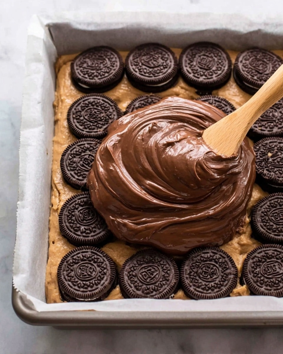 This image shows a baking tray lined with parchment paper, filled with a layer of light brown cookie dough at the base. On top of the dough, there is a neat arrangement of Oreo cookies, dark brown with their distinctive patterned tops visible, spaced evenly across the surface. In the center, thick, rich chocolate batter with a smooth and creamy texture is being spread over the cookies with a wooden spatula. The contrast between the light brown dough, dark Oreo cookies, and the shiny chocolate batter creates a layered look. The background is a white marbled surface photo taken with an iphone --ar 4:5 --v 7