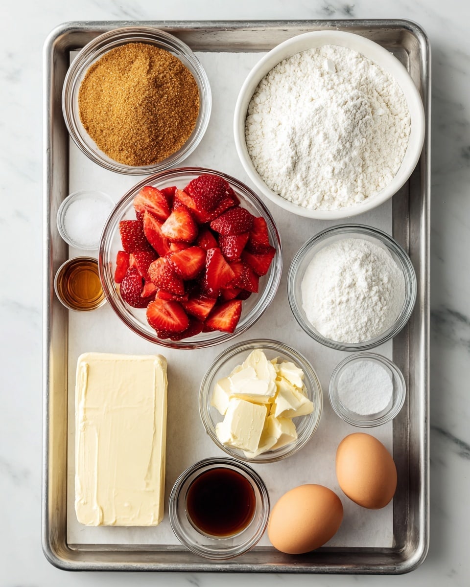 A metal tray holds various baking ingredients neatly arranged on a sheet of parchment paper over a white marbled surface. From top left to bottom right, there is a small clear glass bowl filled with brown sugar, a white bowl piled high with white flour, a clear glass bowl of white granulated sugar, and a white bowl full of bright red, sliced strawberries. Below the strawberries, a clear small bowl with white salt, a chunk of pale yellow butter, and at the bottom, two brown eggs sit directly on the tray. On the lower left, a block of softened cream cheese rests next to three small clear bowls containing golden syrup, dark brown vanilla extract, and a small pinch of white salt. The colors are vibrant and the textures visible, from the soft baking ingredients to the crisp glass bowls. photo taken with an iphone --ar 4:5 --v 7