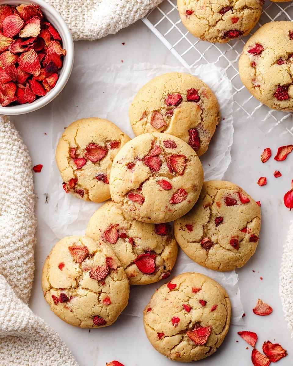 A stack of five light golden cookies with visible small red pieces is placed in the center on a white marbled surface. The top cookie is broken in half and stacked, showing a creamy white filling inside. Around the stack, there are whole cookies with the same light golden color and red bits on top, and several scattered bright red dried strawberry pieces. To the left, there is a white bowl filled with red dried strawberry slices. The background is softly blurred with more cookies on a cooling rack. The scene is bright and inviting, with a close-up focus on the cookie stack. Photo taken with an iphone --ar 4:5 --v 7