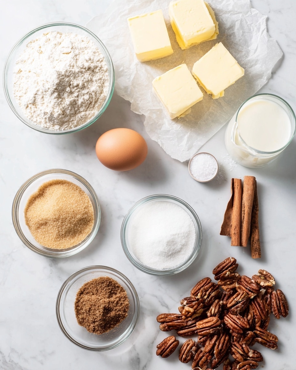 The image shows a white marbled surface with several small clear glass bowls and ingredients arranged neatly. In the top left corner, there is a bowl filled with white flour. Below it, on a piece of parchment paper, are four small blocks of pale yellow butter. To the right of the butter, there is a brown egg, and next to it a small glass bowl with white salt. In the bottom left corner is a small glass bowl filled with beige yeast. Near the center is a bowl of brown sugar with a coarse texture, and to its right, a bowl of white granulated sugar. Above the sugar bowls is a clear glass of milk. To the right of the sugar is a smaller bowl with light brown cinnamon powder, next to it are two whole cinnamon sticks. At the bottom right corner, there are many whole pecans with a rough, textured surface. The photo is taken with an iphone --ar 4:5 --v 7