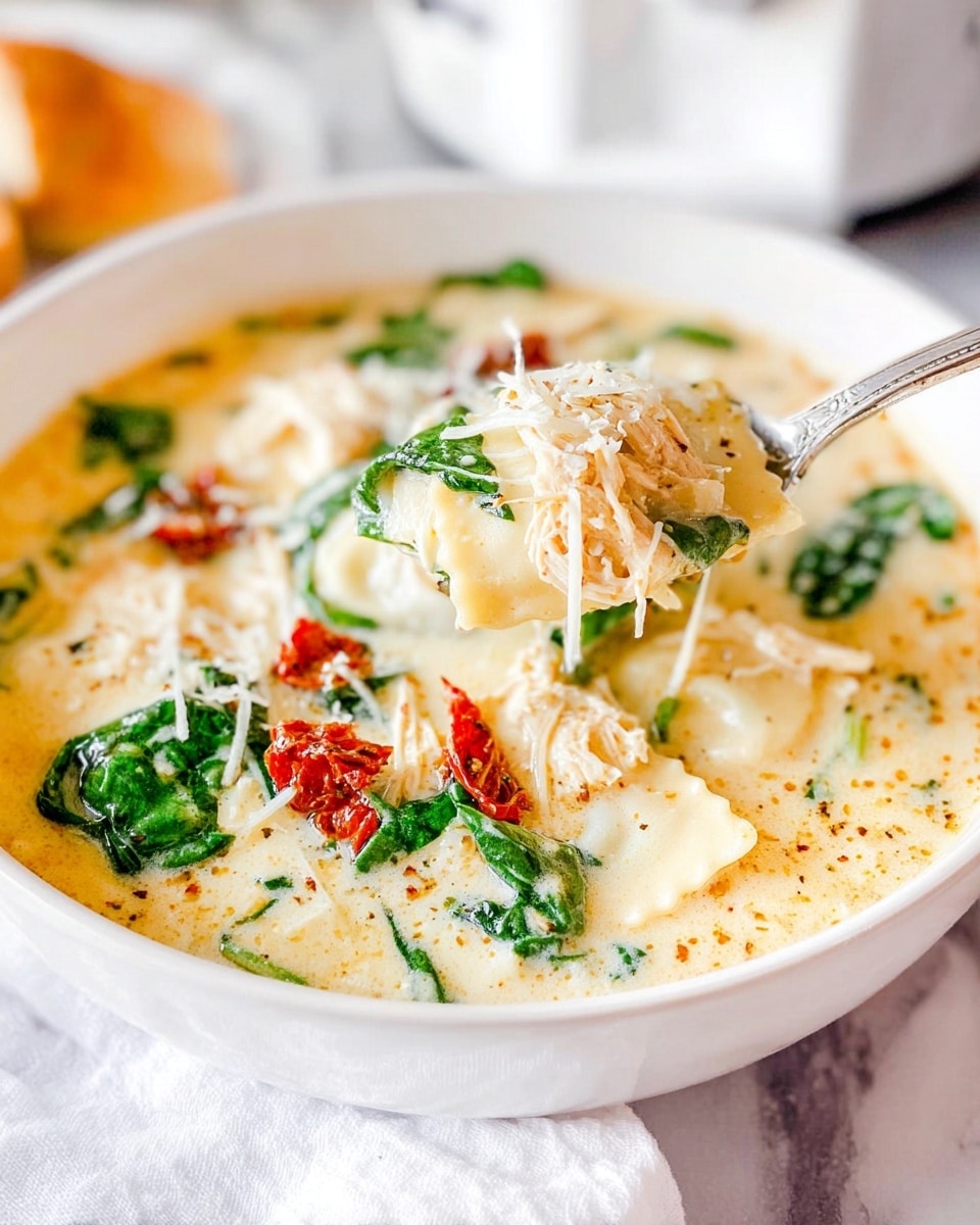 The image shows a white bowl filled with creamy soup that has soft ravioli pieces submerged in it. The soup is light yellow with visible specks of seasoning. On top of the ravioli, there are green spinach leaves and small bits of red, likely sun-dried tomatoes, along with shredded white cheese sprinkled over the soup. A spoon is lifting a spoonful from the bowl, showing a mix of shredded chicken, spinach, and some cheese. The bowl is placed on a white marbled surface with a white cloth nearby. Photo taken with an iphone --ar 4:5 --v 7