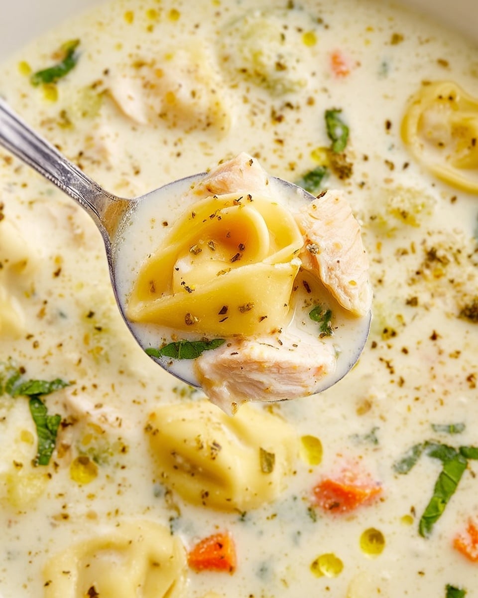 The image shows a close-up of a creamy white soup with chunks of light yellow tortellini pasta and soft white pieces of chicken. There are small bits of orange carrot scattered in the soup along with fresh green herb leaves and sprinkled dried herbs mainly oregano. The soup has a smooth texture with tiny oil droplets floating on top. A silver spoon holds one piece of soft chicken and a tortellini above the soup. The background is a white marbled texture. photo taken with an iphone --ar 4:5 --v 7