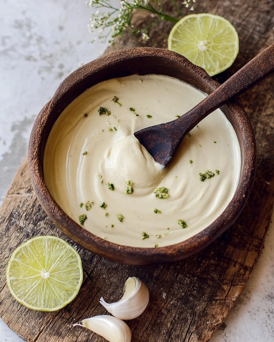 A round dark brown bowl filled with one thick, creamy layer of light beige sauce topped with small pieces of green herbs. A dark wooden spoon is partially dipped into the sauce, holding some of it. Near the bowl on a rough wooden surface, there are two garlic cloves and half a lime. The background is a white marbled texture. Photo taken with an iphone --ar 4:5 --v 7
