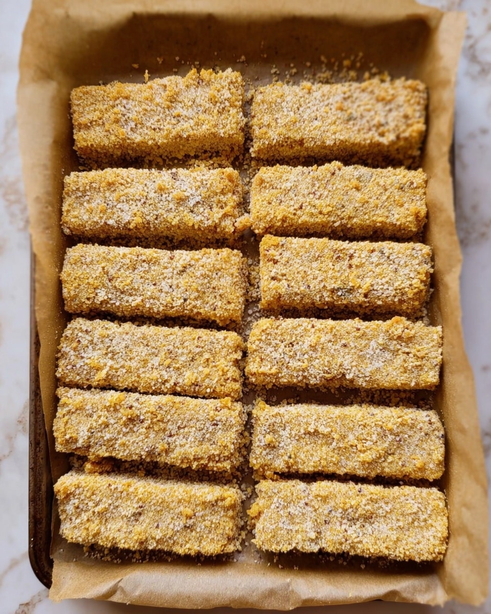 The image shows a tray lined with light brown parchment paper holding 14 rectangular pieces of food arranged neatly in three rows. Each piece has a rough, crumbly texture on the outside, covered with a golden yellow coating mixed with small specks of white and darker brown, giving it a grainy, crunchy look. The pieces are uniformly thick and appear to be ready for baking or cooking. The background is a white marbled surface. Photo taken with an iphone --ar 4:5 --v 7