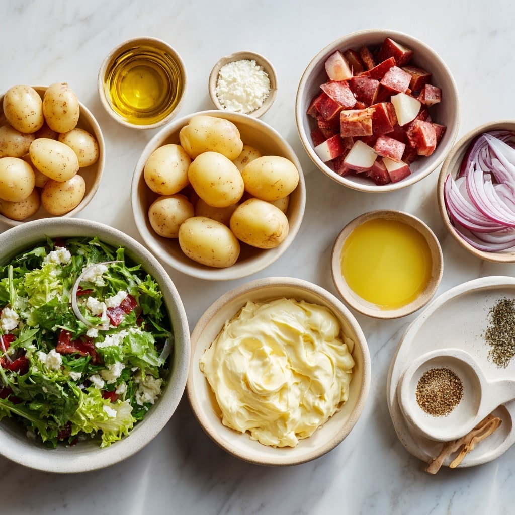 A close-up view of a white bowl filled with creamy potato salad made of small yellow potato pieces coated in a thick white dressing with specks of red and black seasoning. The potatoes are mixed evenly with finely chopped green herbs scattered on top, adding a fresh bright green color contrast. The creamy dressing lightly glistens under natural light, highlighting the smooth texture and the slight chunkiness of the potatoes. The bowl sits on a white marbled surface, and the warm sunlight casts soft shadows, enhancing the inviting look of the dish. photo taken with an iphone --ar 4:5 --v 7