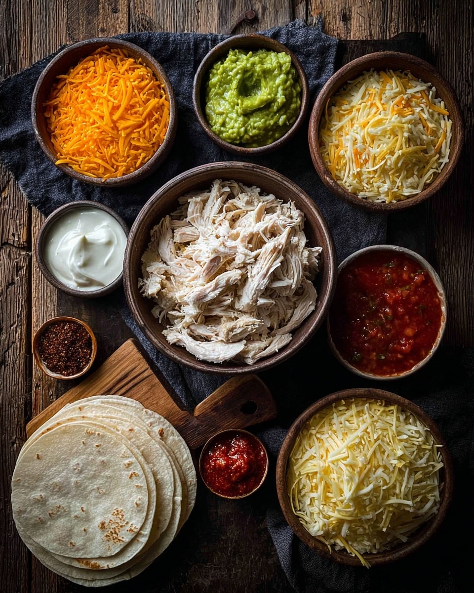 The image shows an overhead view of several small bowls and plates arranged on a dark wooden table with a dark cloth underneath some of them. At the center is a bowl with shredded white chicken, light and fibrous in texture. Surrounding it are bowls with different colored shredded cheese: bright orange cheese on the left, pale yellow cheese on the right, and a dry yellow topping bowl above. Small bowls contain white sour cream, chunky green guacamole, chunky red salsa, and a darker chunky red sauce. A small bowl with a dark red-brown spice is also present. In the bottom left corner, there are five white flour tortillas stacked on a wooden board. The setting is rustic and organized naturally, photo taken with an iphone --ar 4:5 --v 7