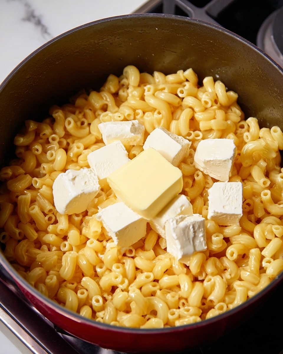 A white dish filled with baked macaroni and cheese showing a golden brown, bubbly top layer of melted cheese with some darker browned spots. Underneath the top, there are creamy, soft elbow macaroni pieces with a smooth cheesy texture. A wooden spoon is scooping out a portion from the middle, lifting the macaroni and cheese that appears thick and rich. The surface beneath the dish is white with a marbled texture. photo taken with an iphone --ar 4:5 --v 7