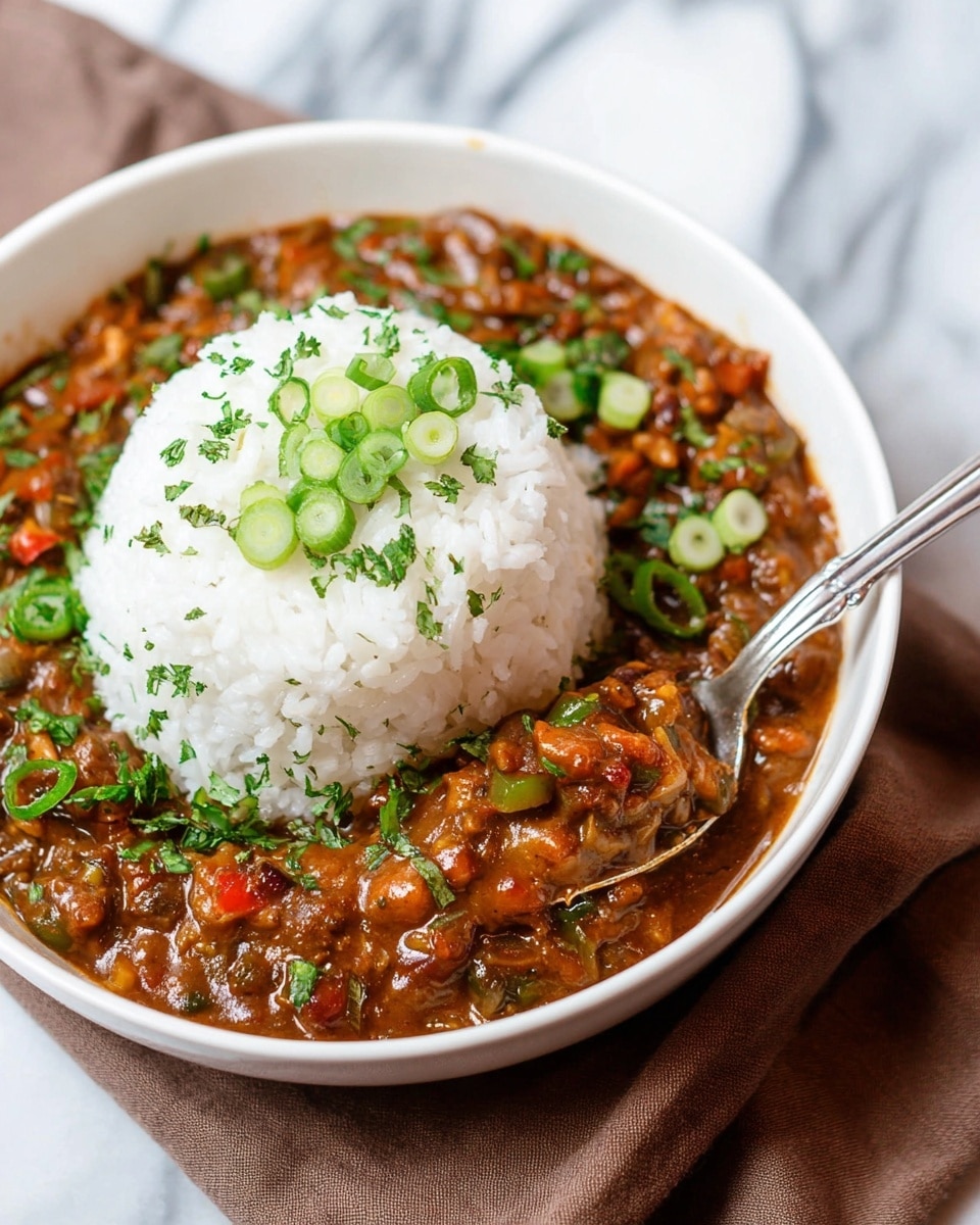 A white bowl holds a dish with two layers: the outer layer is a thick, chunky brown stew with visible pieces of red and green vegetables and small dark bits, while the center has a neat mound of white rice topped with chopped green onions and small parsley leaves. To the left, there is a small bowl filled with a fine reddish-brown powder and a small spoon resting inside it. In the background on the right, there is a white plate with scalloped edges holding fresh green herbs. The bowl and plate rest on a surface with a white marbled texture and a folded mustard yellow cloth with fringes is partially visible under the bowl. A spoon is partly inserted in the stew. Photo taken with an iphone --ar 4:5 --v 7
