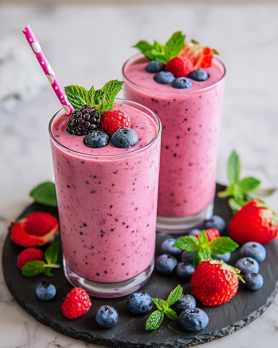 Two tall clear glasses filled with thick pink berry smoothie, speckled with tiny dark seeds throughout, sit close together on a round black board. The front glass is topped with three fresh blueberries, one raspberry, a blackberry, and a green mint leaf near a tall pink and white polka-dot straw. The second glass, slightly behind, has three blueberries and a green mint leaf on top. Around the glasses on the black board are scattered fresh blueberries, strawberries (whole and halved), raspberries, and sprigs of green mint leaves. The setting is on a white marbled surface with soft natural light. photo taken with an iphone --ar 4:5 --v 7