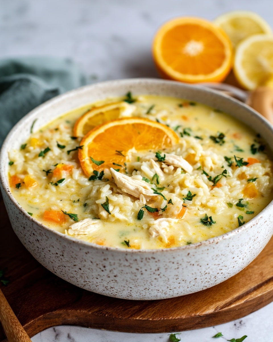 A white speckled bowl filled with creamy yellow soup that has soft rice grains and white pieces of cooked chicken scattered throughout. Two bright orange slices float near the center, adding a pop of color, while small green herb leaves are sprinkled on top, giving contrast. The soup looks thick and smooth, with bits of vegetables lightly visible beneath the surface. The bowl sits on a wooden board with parts of lemon and greens blurred in the background on a white marbled texture. Photo taken with an iphone --ar 4:5 --v 7
